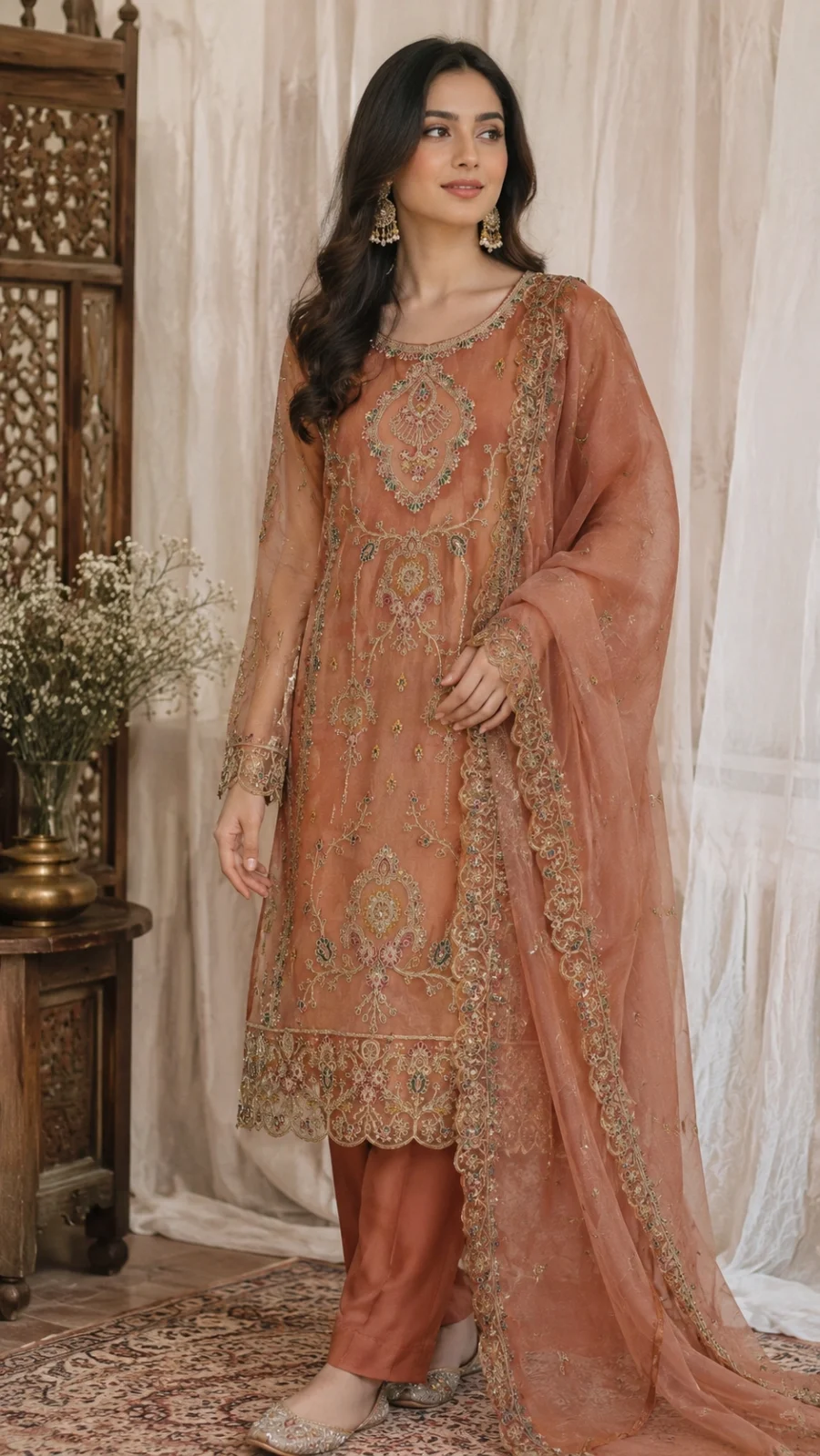 Peach Elegance Embroidered 3-Piece Suit Set