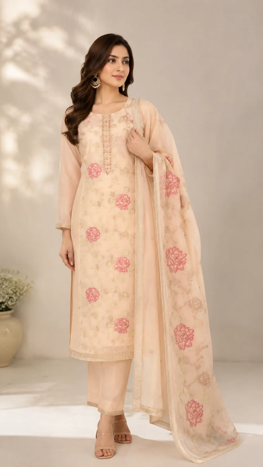 Blush Peach Floral Embroidered Suit Set with Dupatta
