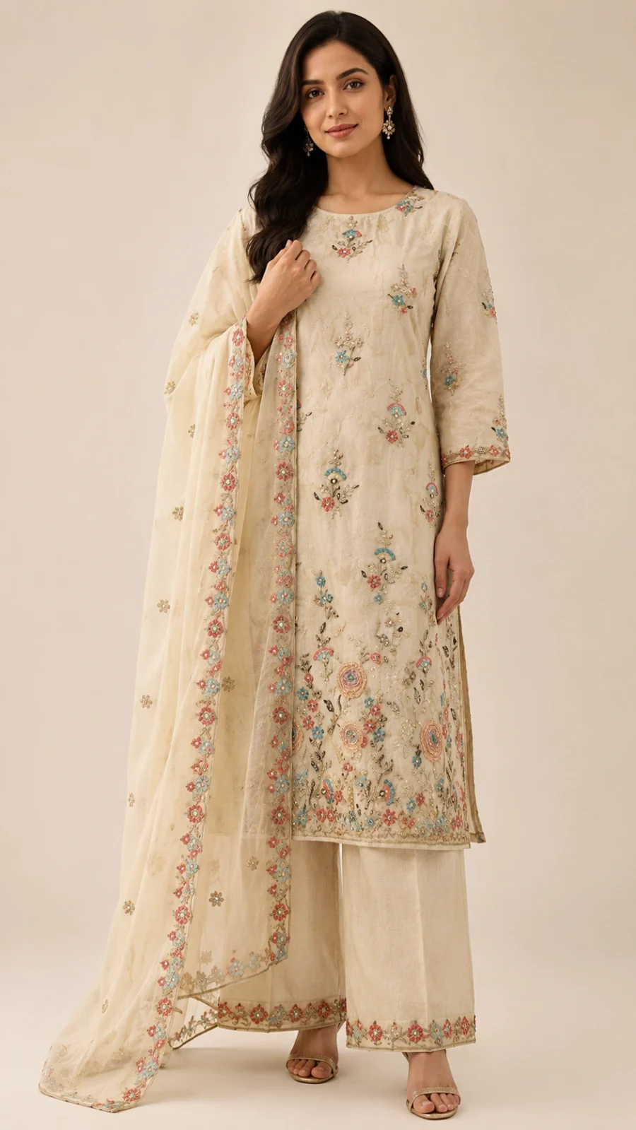 Ivory Elegance Floral Embroidered Suit Set with Dupatta