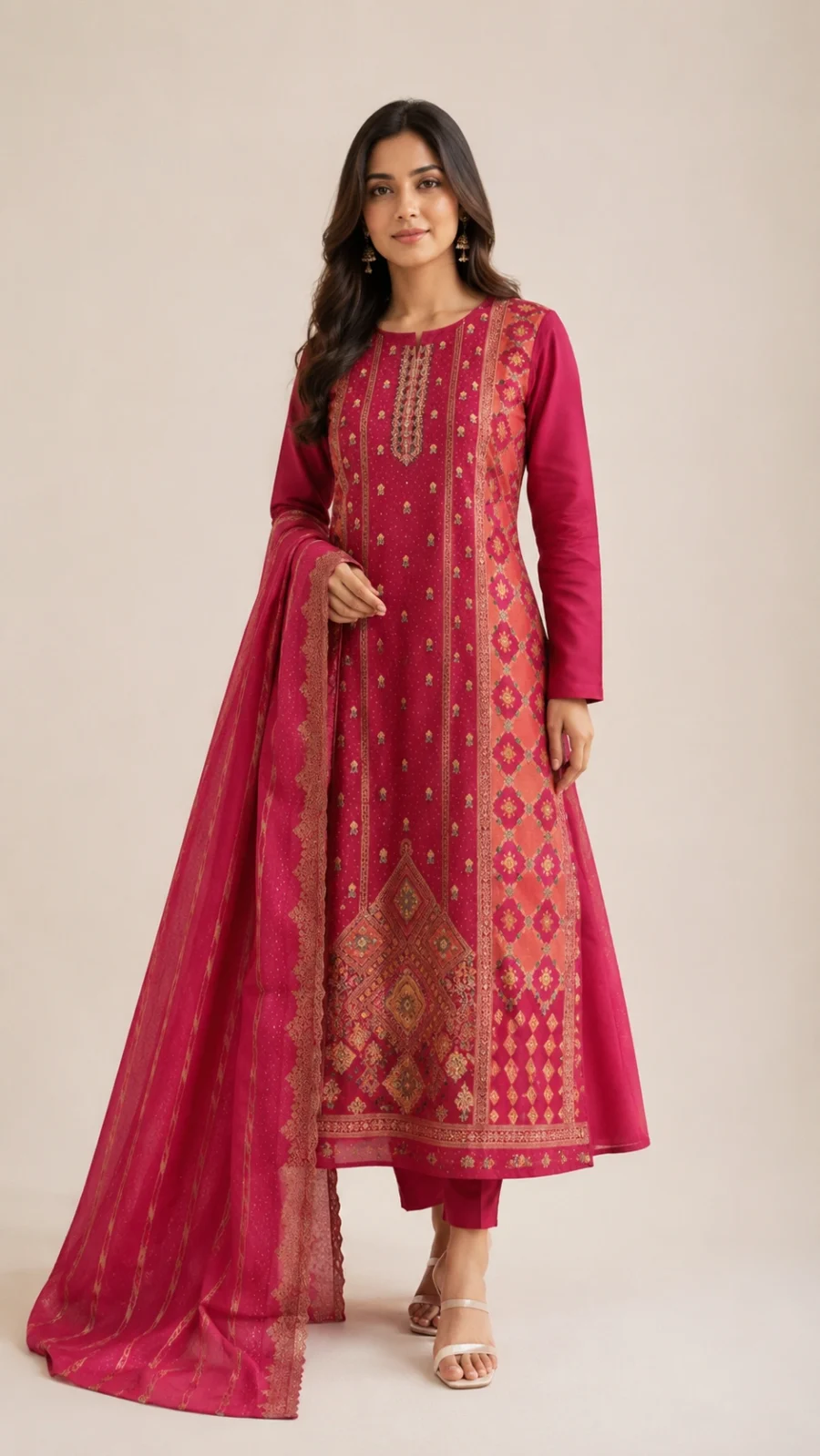 Rani Pink Ethnic Printed Kurta Set with Matching Dupatta