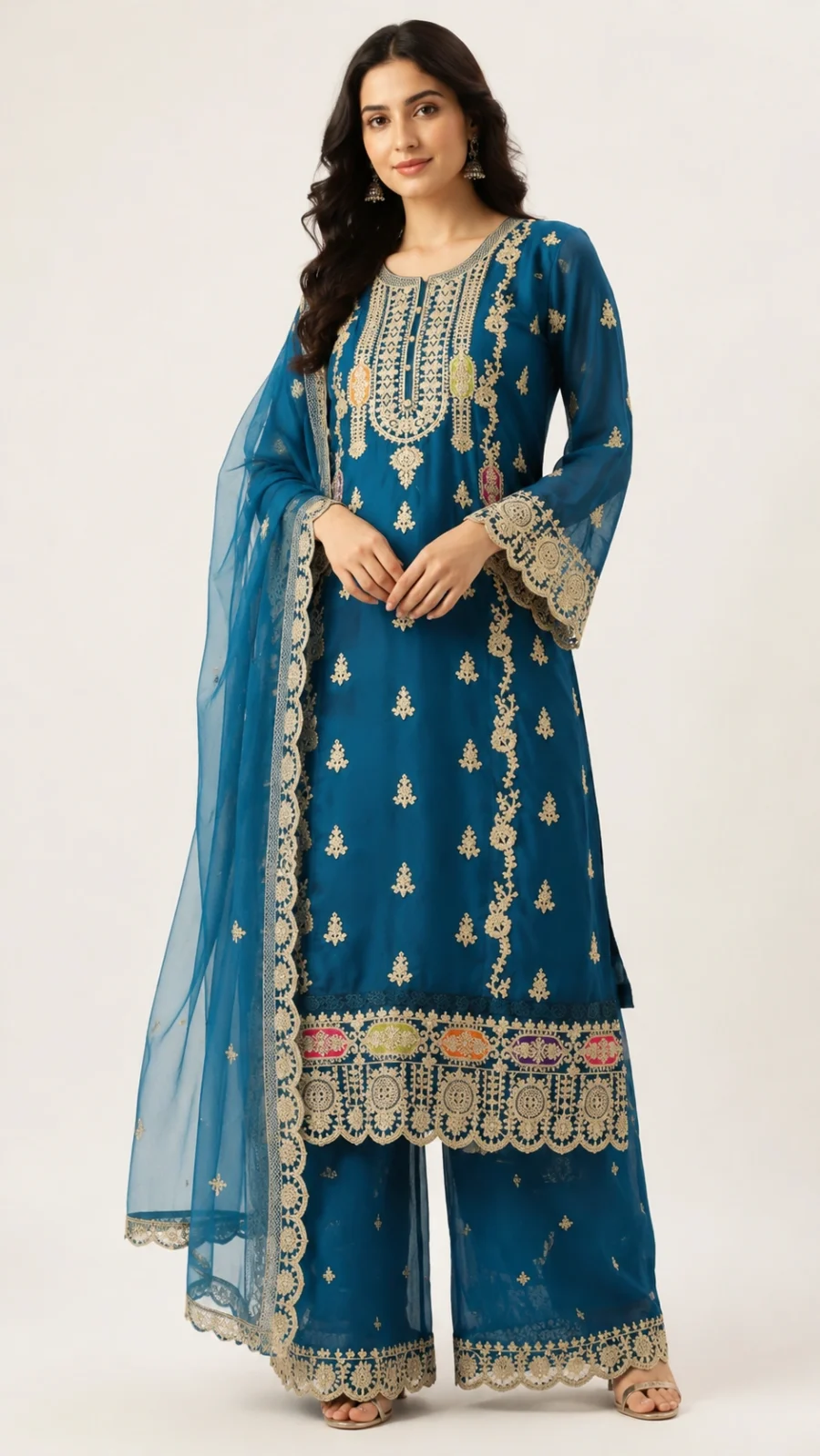 Teal Blue Embroidered Kurta Set with Palazzo & Dupatta