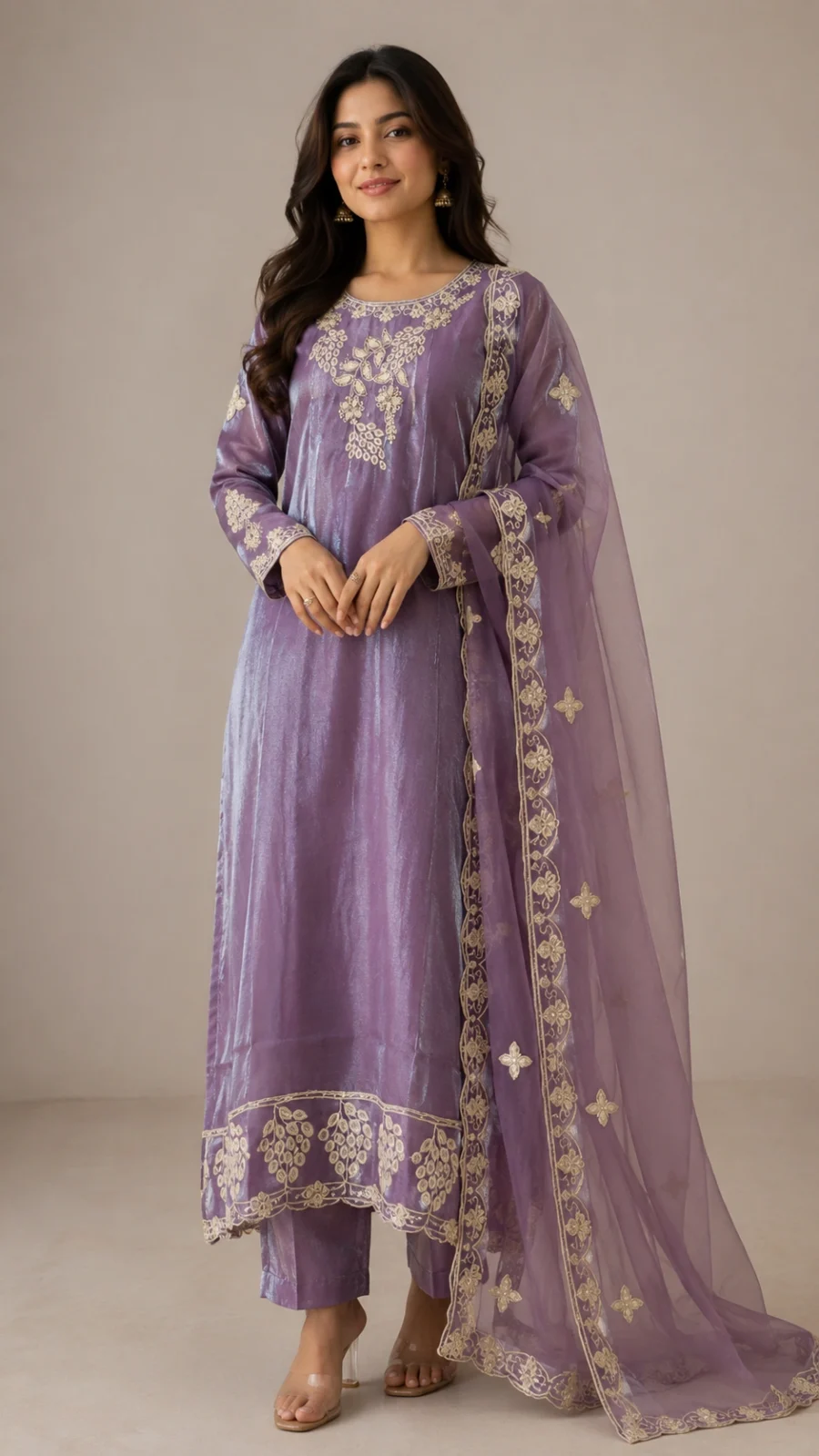 Lavender Shimmer Embroidered Kurta Set with Sheer Dupatta