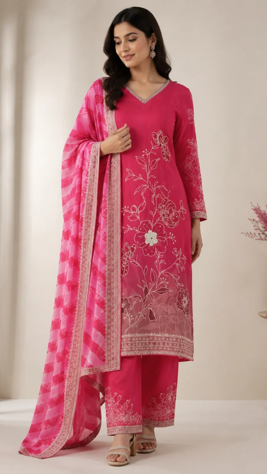 Fuchsia Pink Floral Print Kurta Set with Striped Dupatta