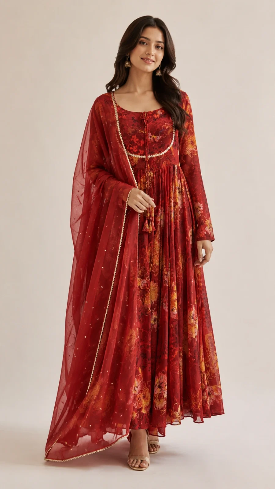 Crimson Floral Printed Anarkali Suit Set with Embellished Dupatta
