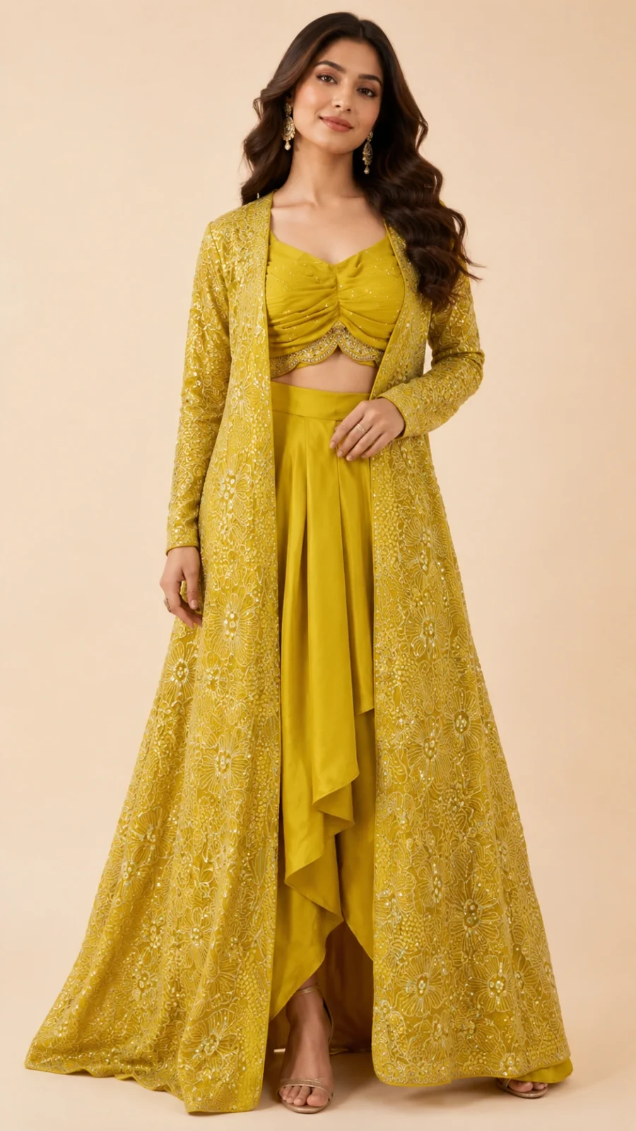 Mustard Glow Sequin Embroidered Indo-Western Set with Long Shrug