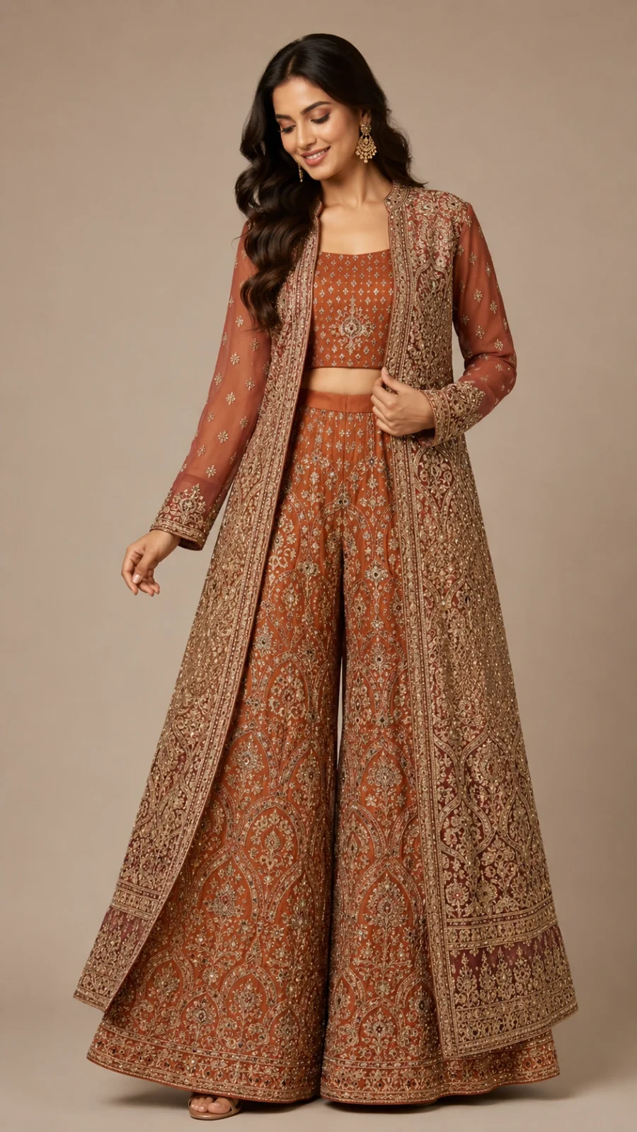Rust Royale Embroidered Palazzo & Long Shrug Set
