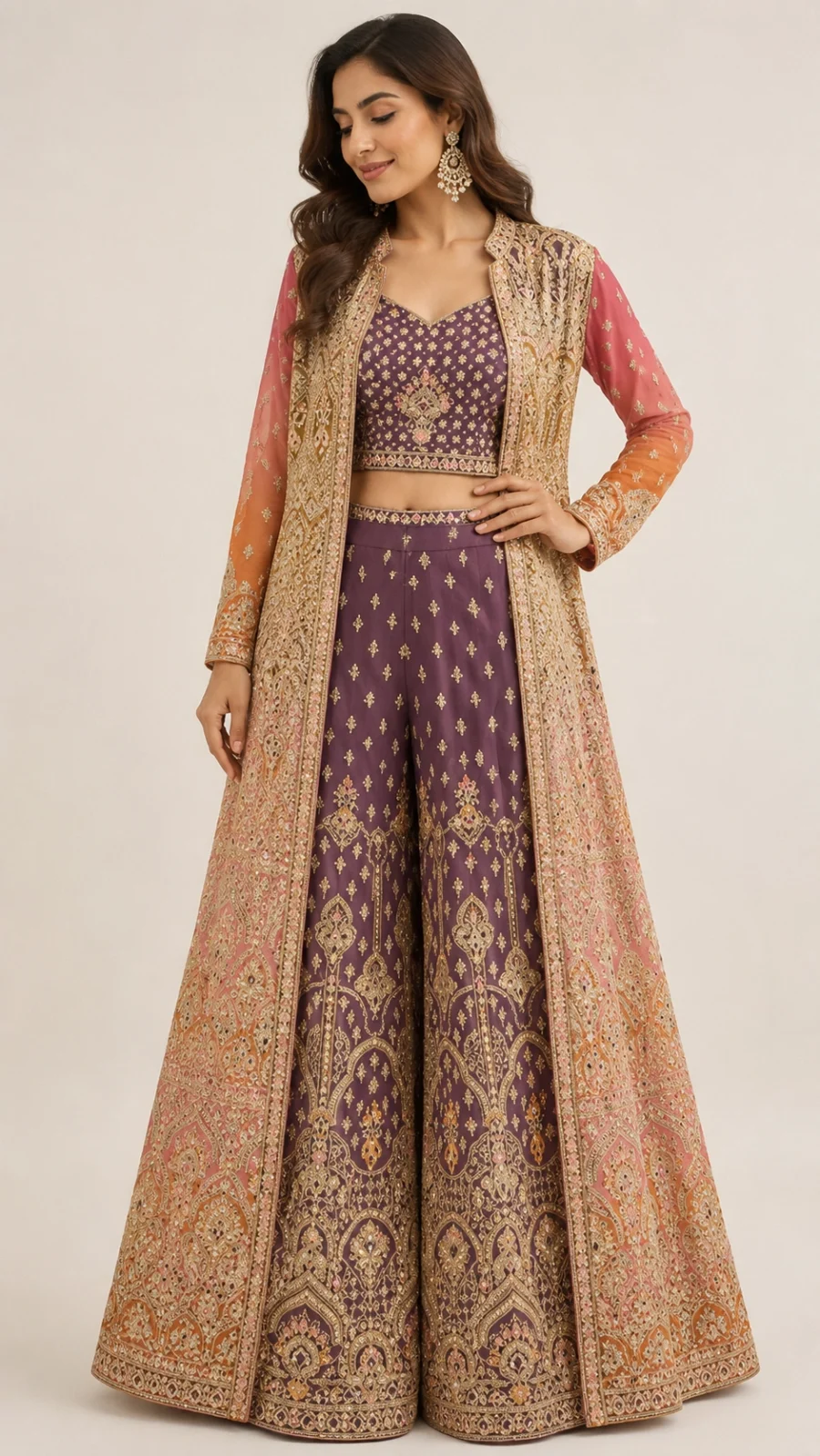 Royal Plum Embroidered Palazzo Set with Long Shrug