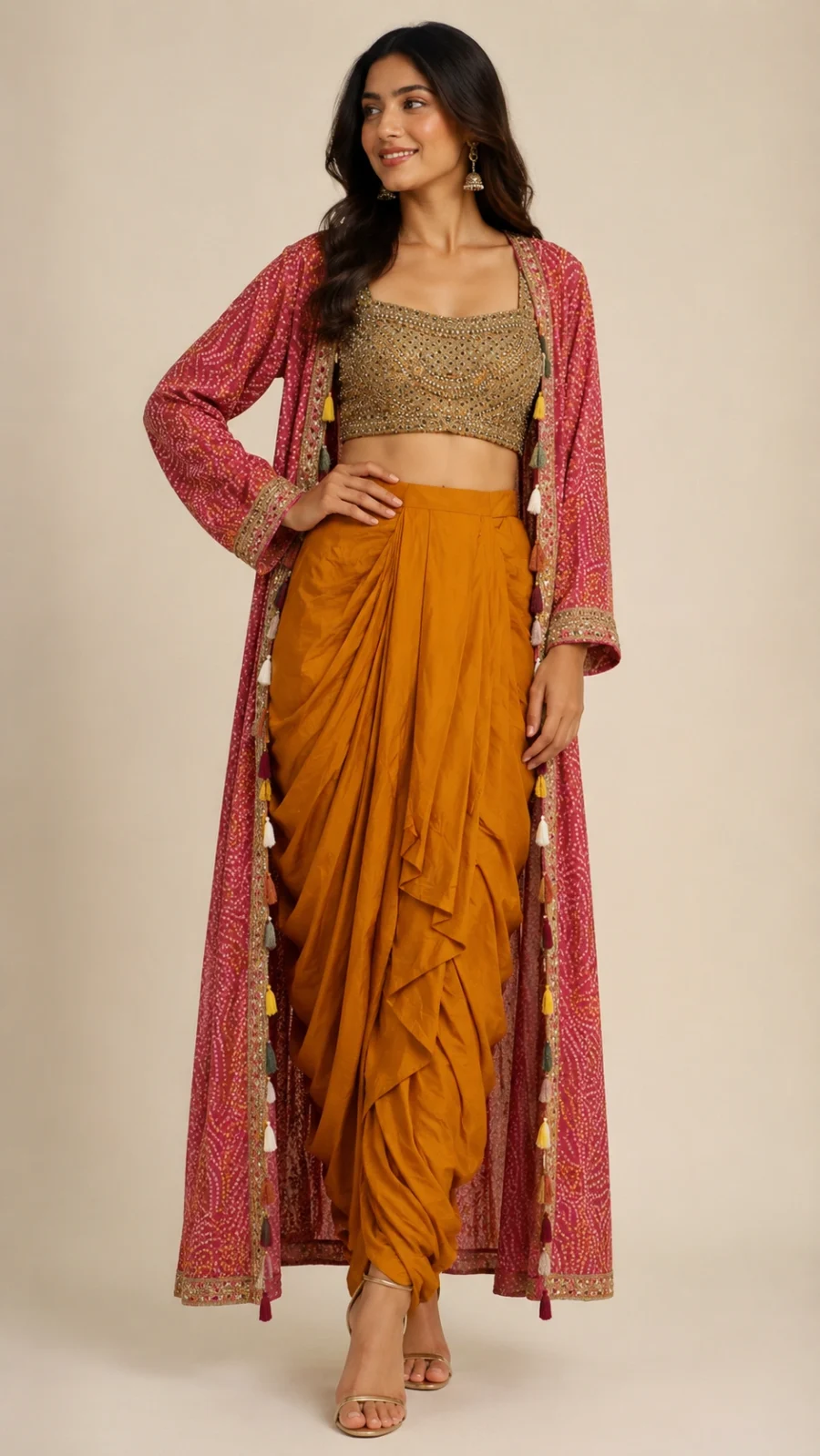 Mustard Draped Dhoti Set with Embellished Blouse & Bandhani Long Shrug