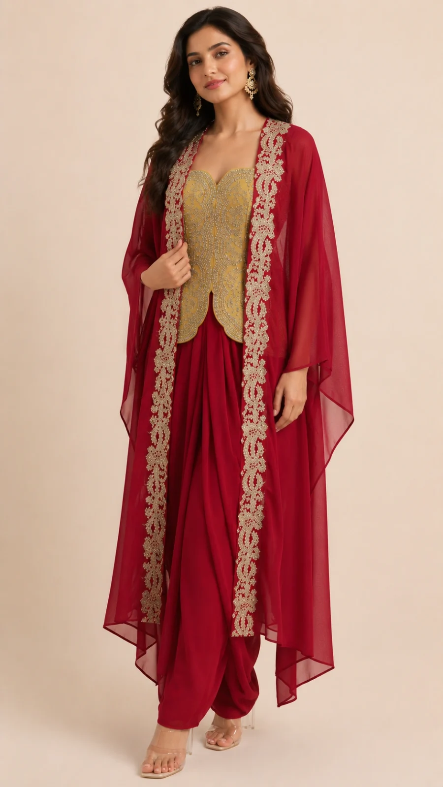 Ruby Maroon Draped Dhoti Set with Golden Embroidered Corset & Cape Shrug