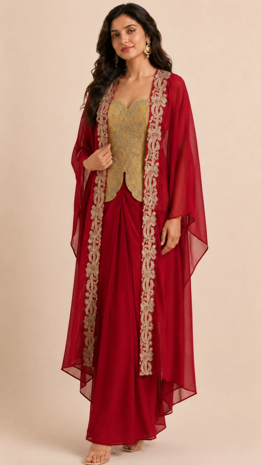 Ruby Maroon Draped Dhoti Set with Golden Embroidered Corset & Cape Shrug