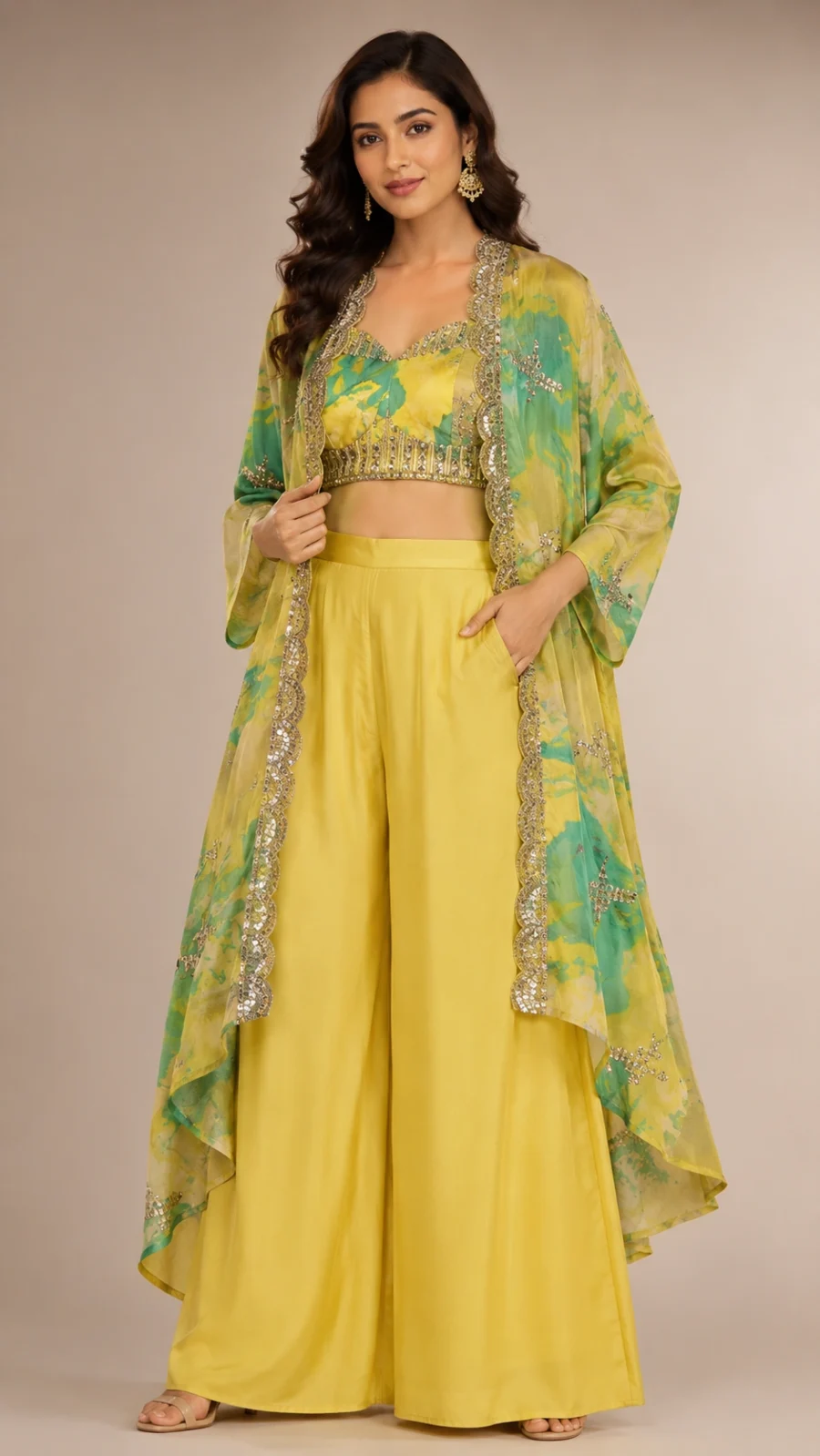 Sunlit Lime Embellished Shrug & Palazzo Set