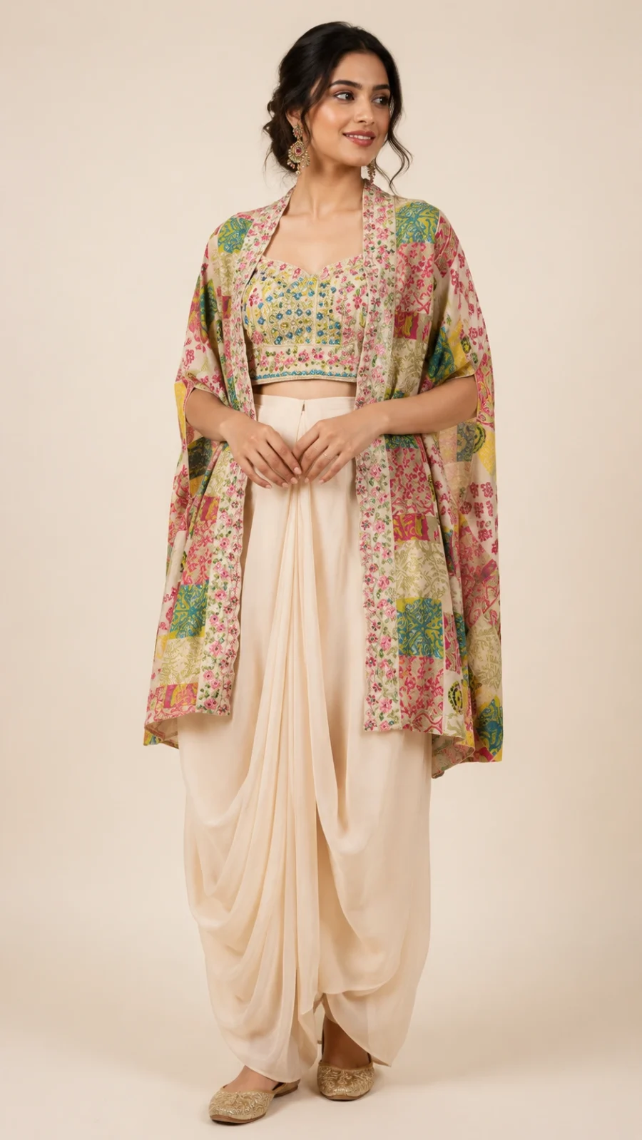 Women's Floral Patchwork Printed Cape Shrug with Embroidered Crop Top & Ivory Drape Skirt