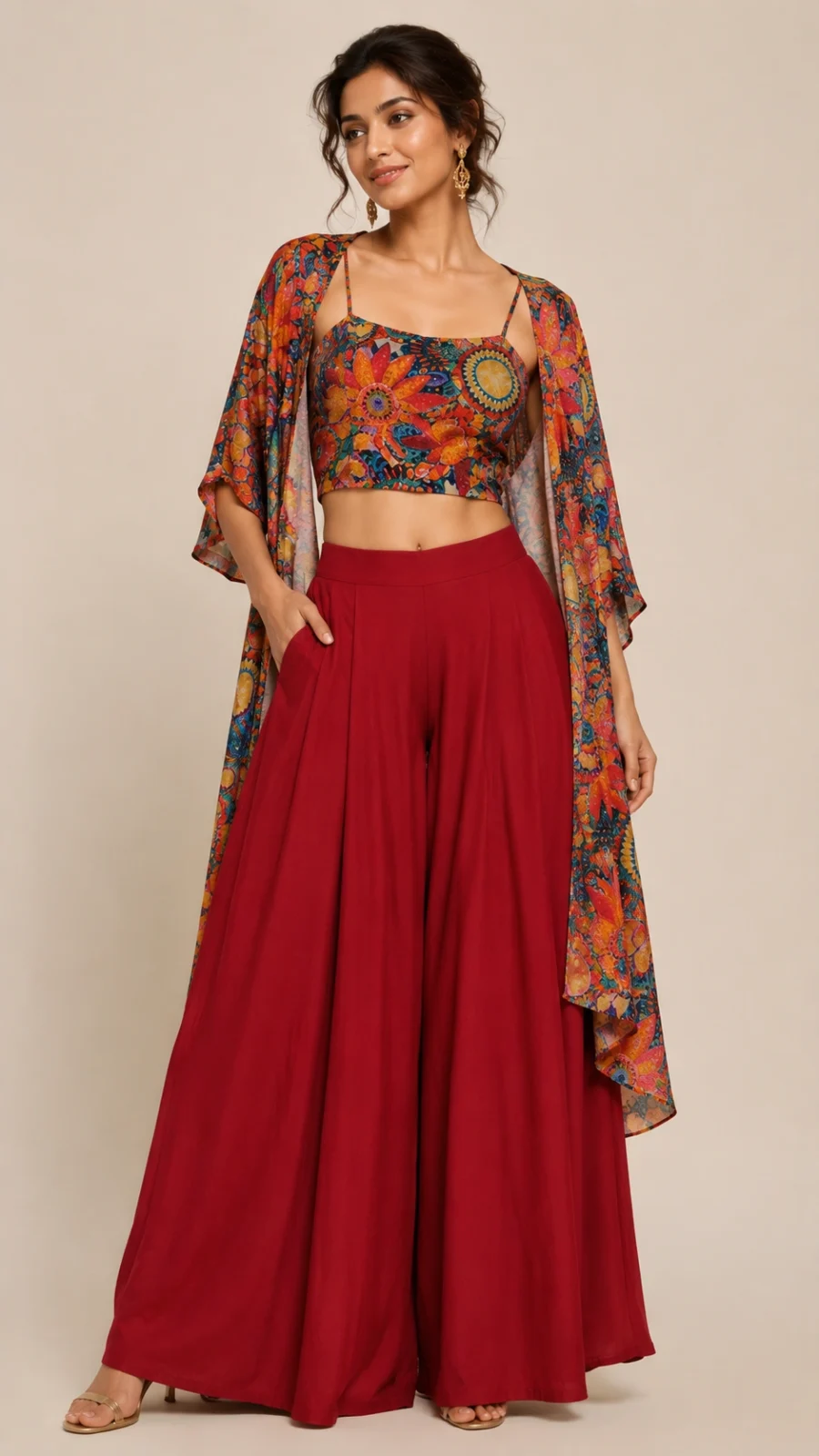 Women's Floral Printed Cape Shrug with Printed Crop Top & Wine Wide-Leg Palazzo