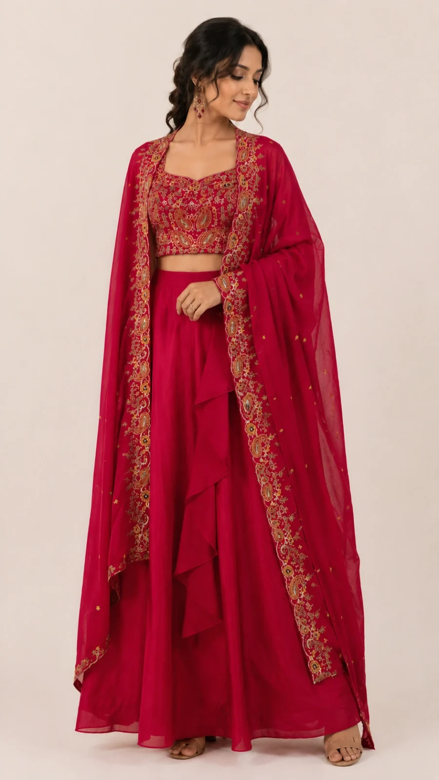 Women's Embroidered Crop Top with Ruffle Skirt & Embellished Cape