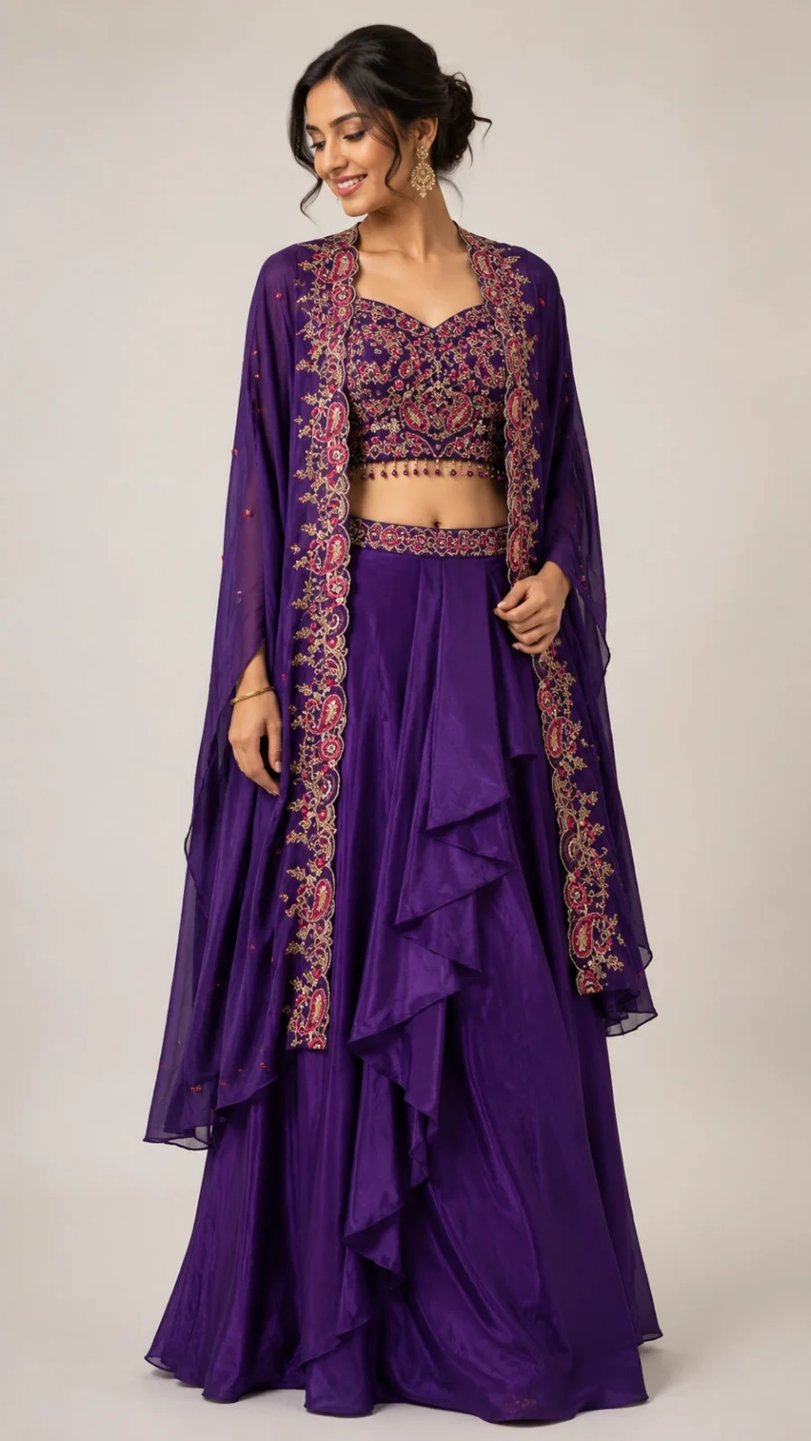 Women's Embroidered Crop Top with Layered Ruffle Skirt & Embellished Sheer Cape