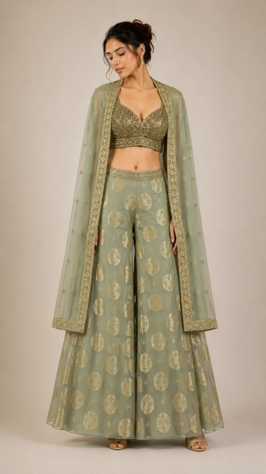 Sage Green Embroidered Blouse with Printed Palazzo & Cape Set