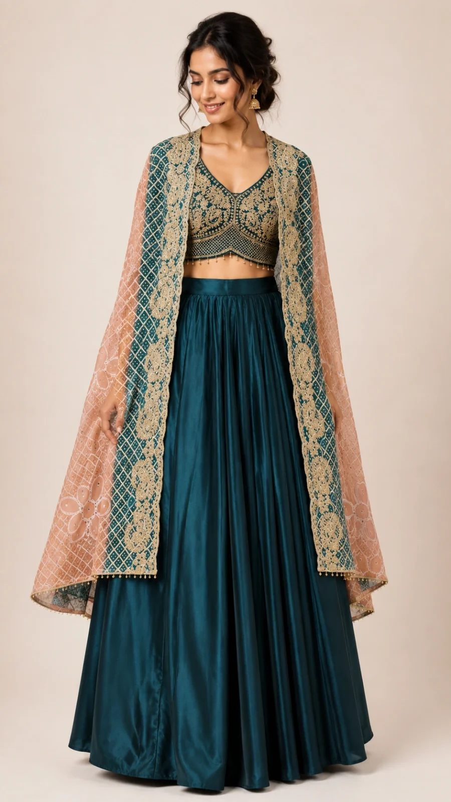 Women's Embroidered Crop Top with Flared Skirt & Sheer Embellished