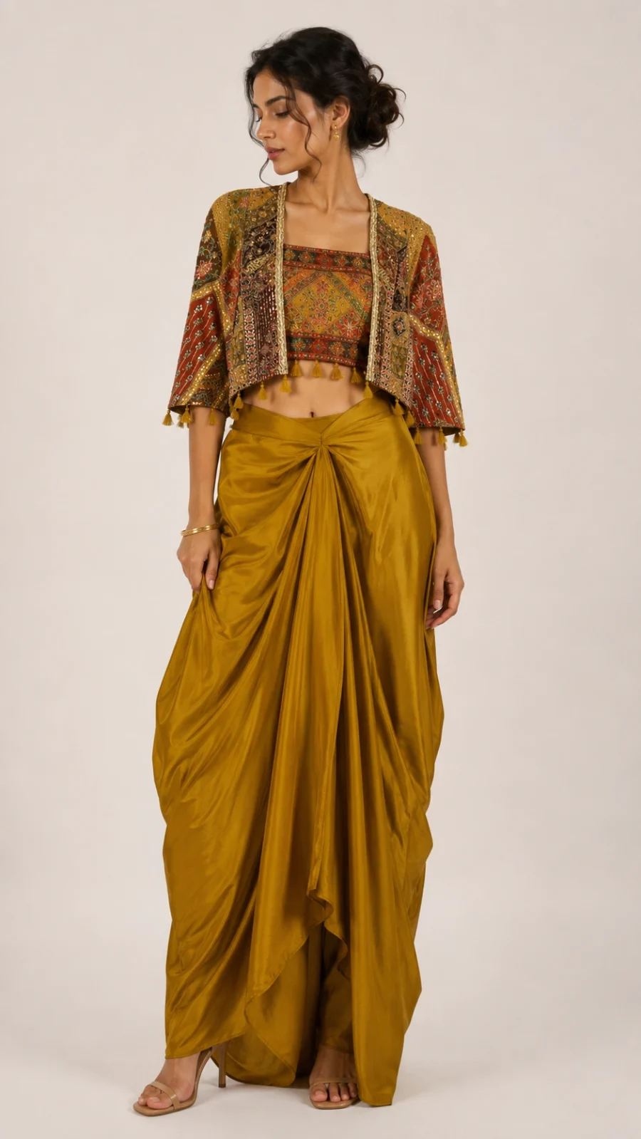 Mustard Draped Skirt Set with Embroidered Crop Top & Shrug