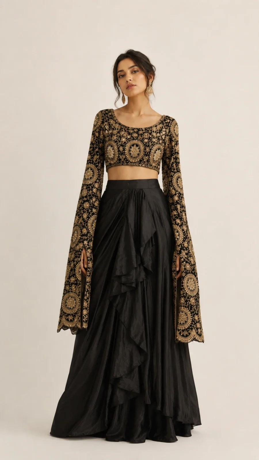 Black Embroidered Crop Top with Draped Skirt