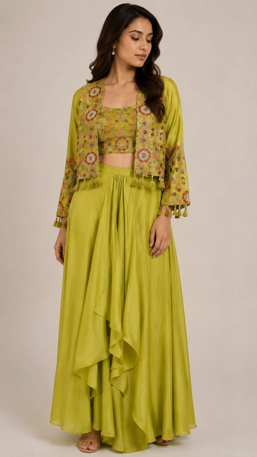 Olive Green Embroidered Blouse with Layered Skirt & Jacket