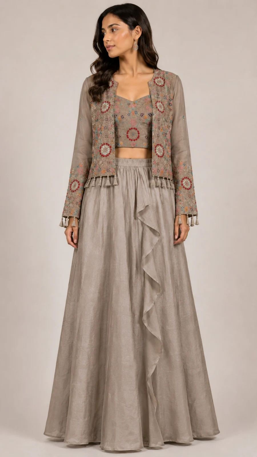 Taupe Embroidered Crop Top with Jacket & Ruffle Skirt