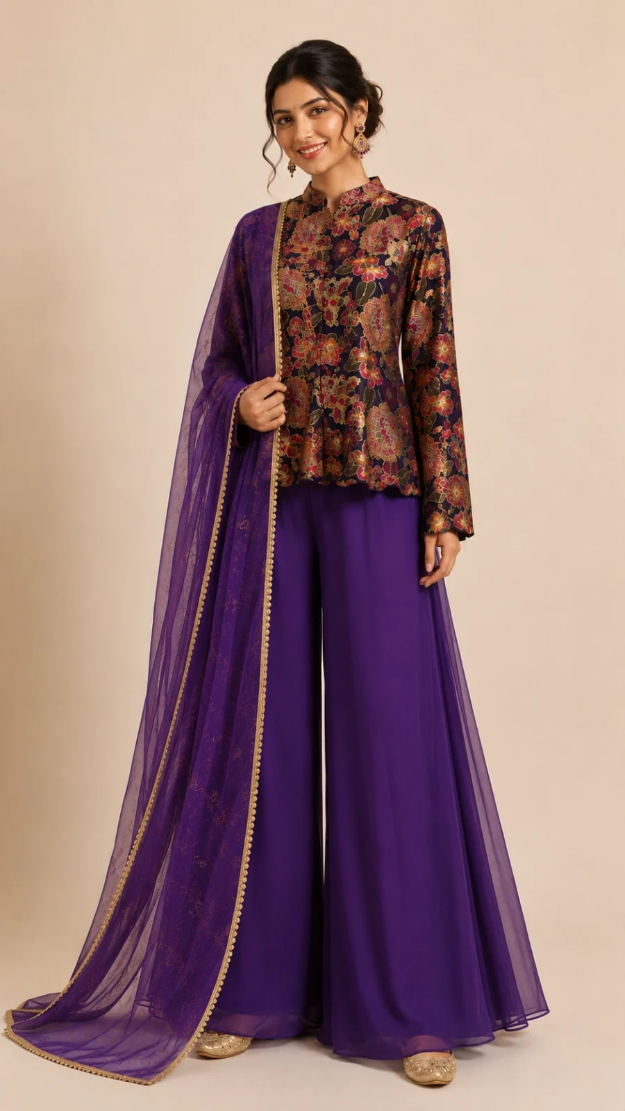 Floral Printed Peplum Top with Purple Palazzo & Net Dupatta