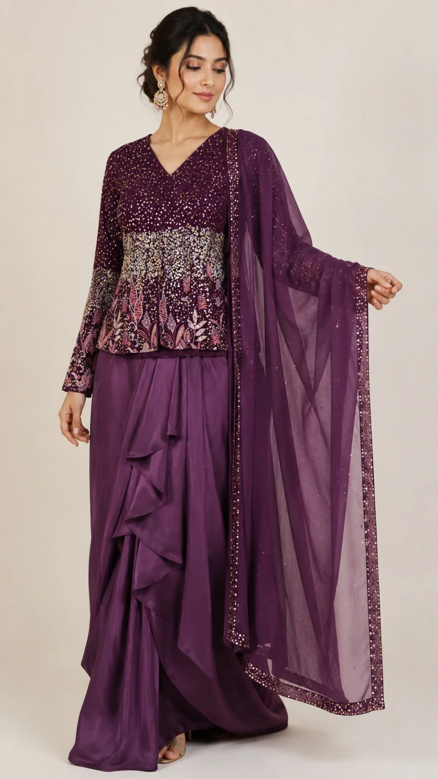 Plum Printed Peplum Top with Draped Skirt & Embellished Dupatta