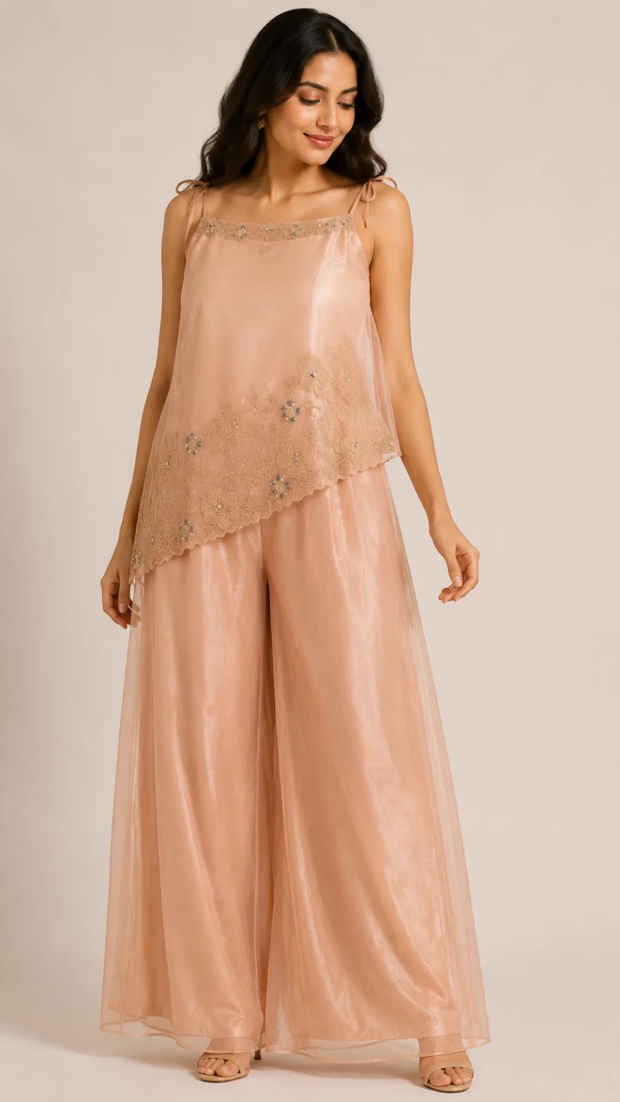 Blush Embroidered Asymmetric Co-ord Set with Wide-Leg Palazzo