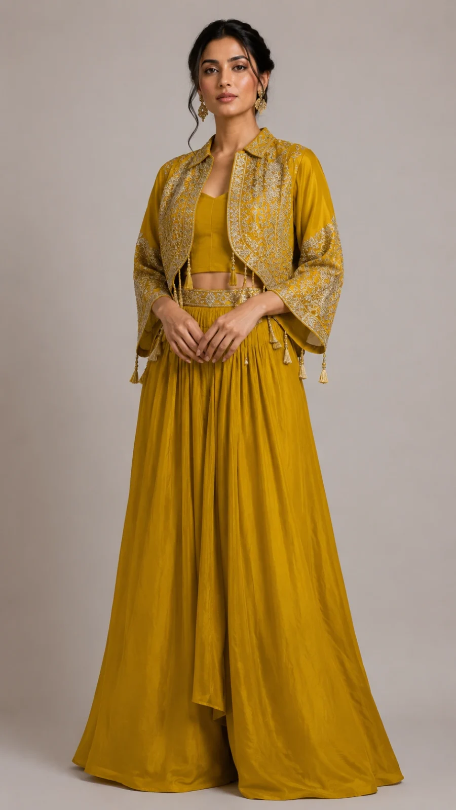 Mustard Embroidered Jacket with Blouse & Draped Palazzo Co-ord Set