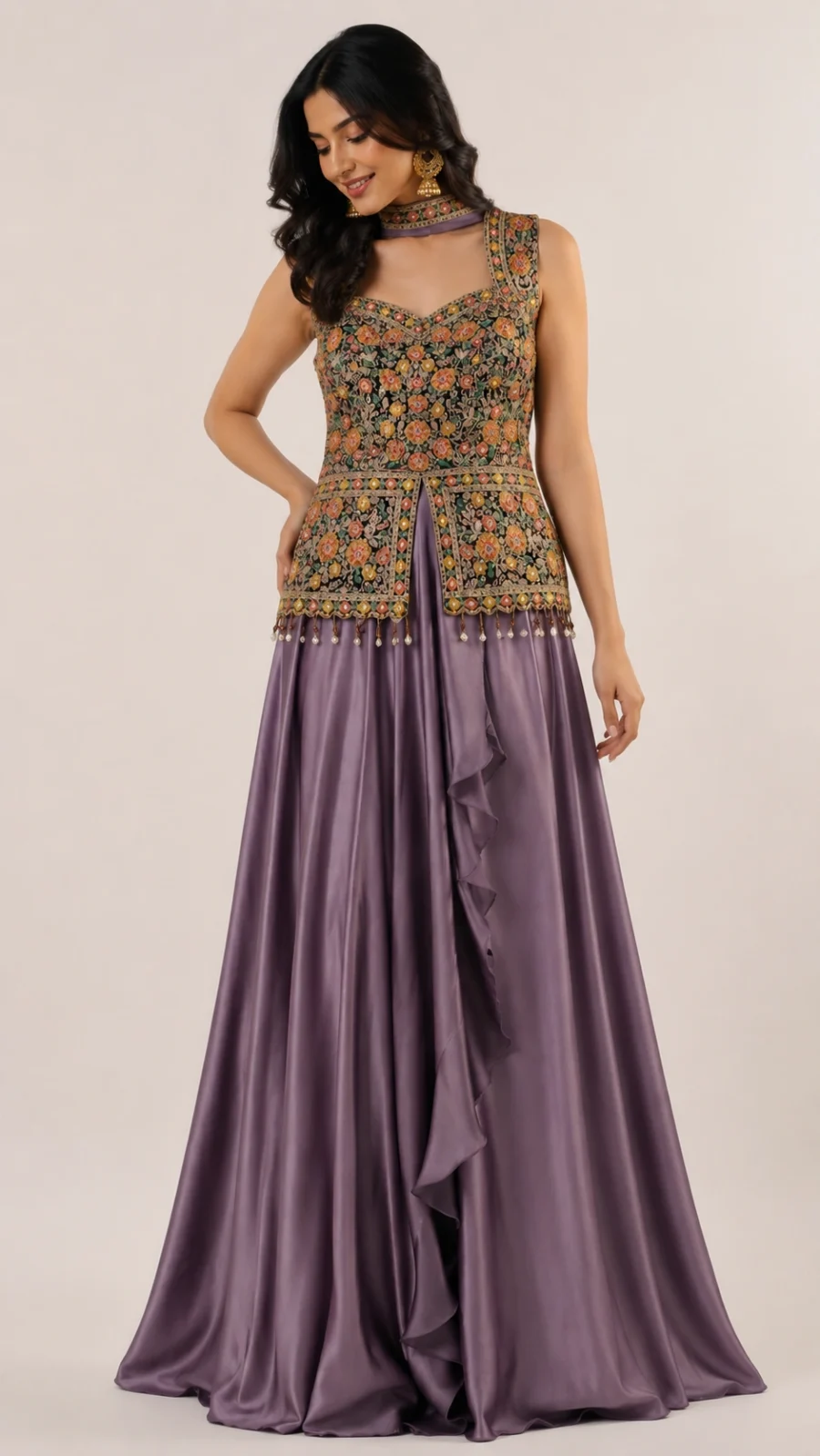 Midnight Bloom Embroidered Peplum Top with Satin Skirt Co-ord Set