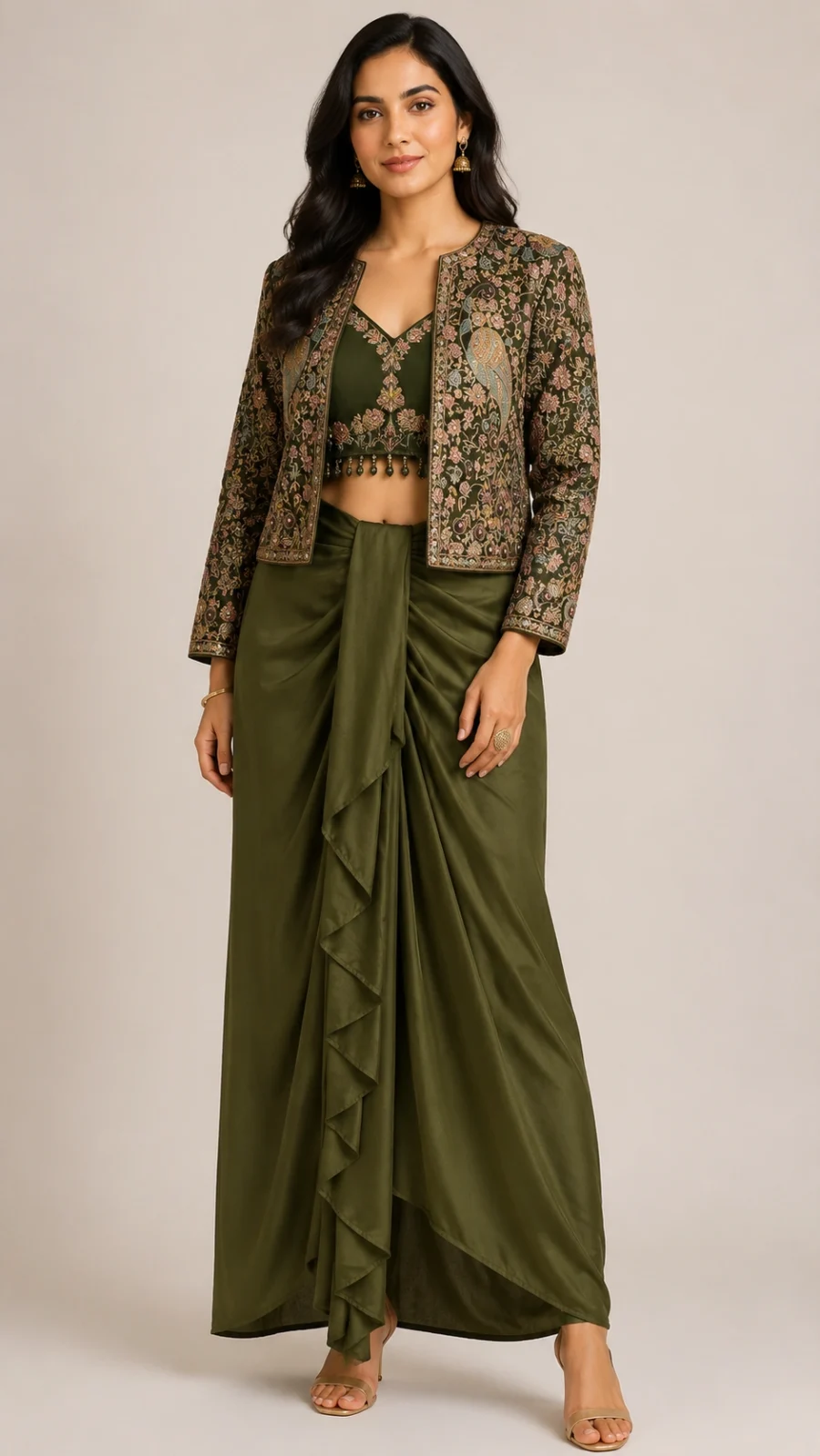 Olive Green Embroidered Net Jacket with Draped Skirt