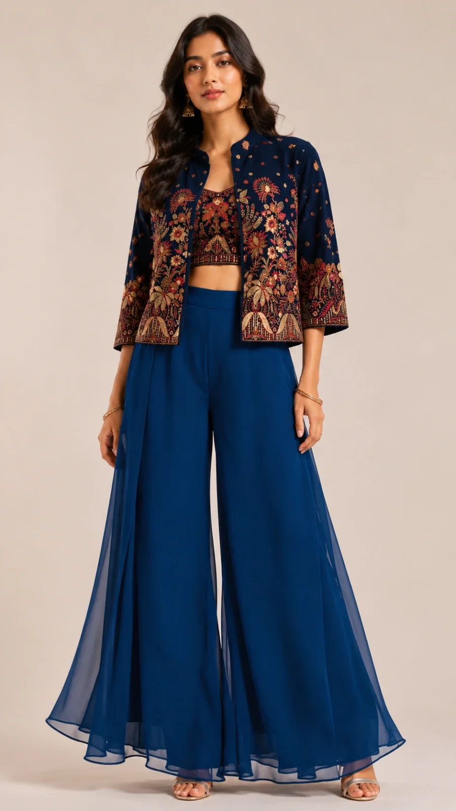 Midnight Bloom Embroidered Jacket Set with Palazzo