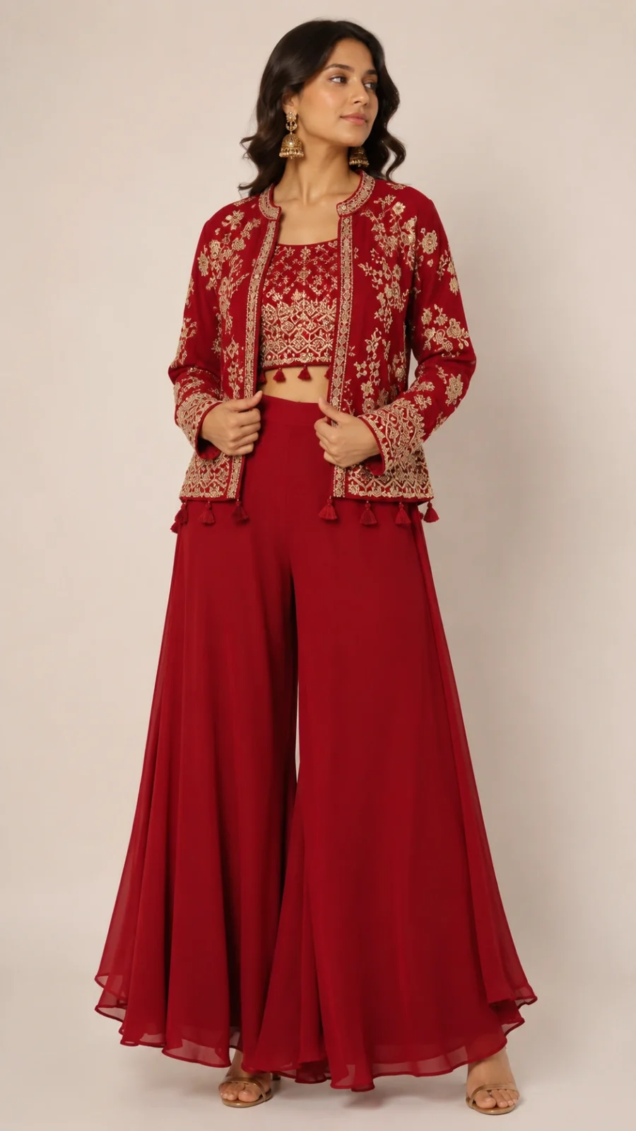 Ruby Red Embroidered Blouse, Palazzo & Jacket Co-ord Set