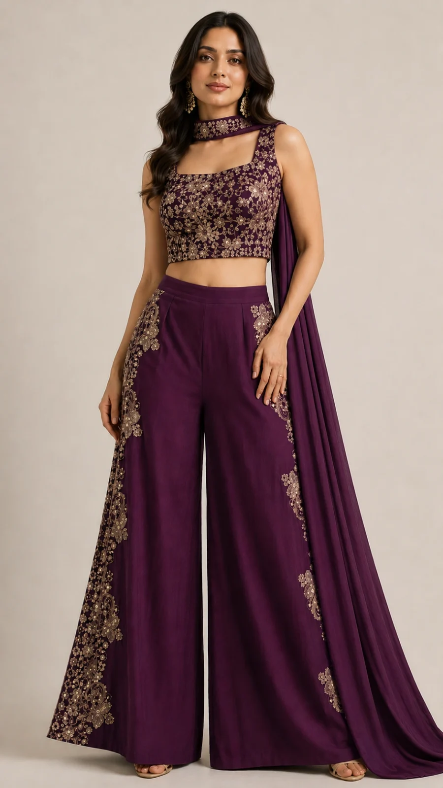 Plum Embroidered Blouse & Palazzo Co-Ord Set