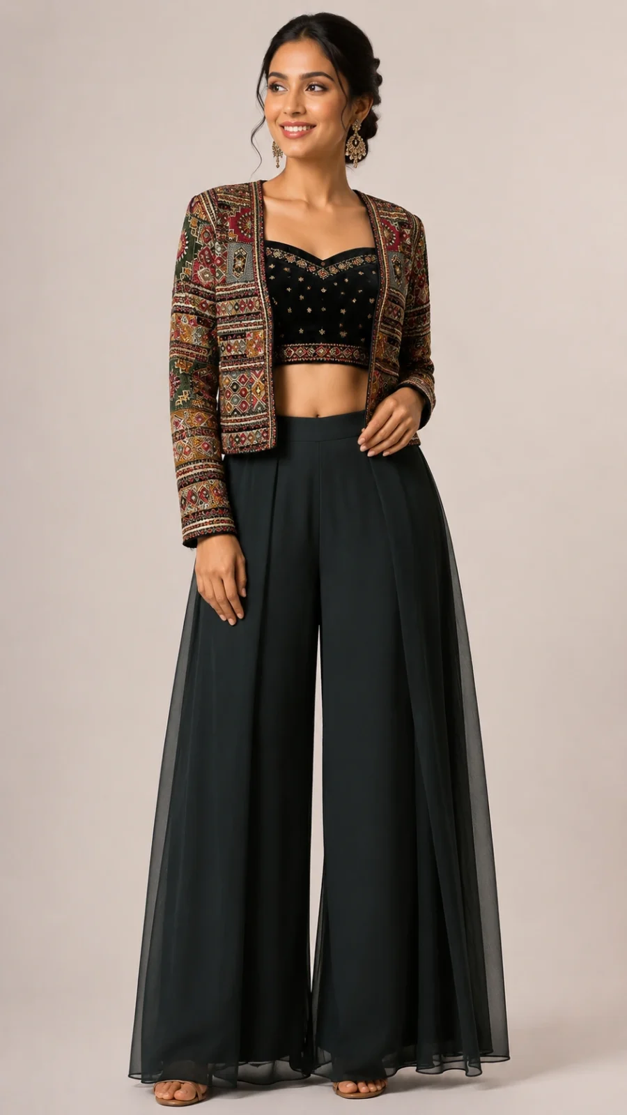 Embroidered Jacket Co-Ord Set with Crop Blouse & Sheer Palazzo