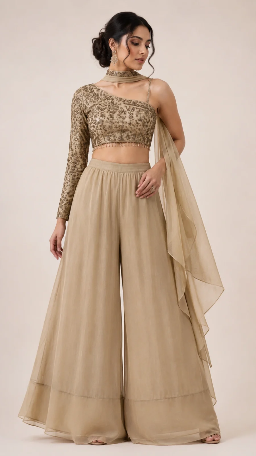 Champagne Gold One-Shoulder Embellished Blouse with Wide-Leg Palazzo Set