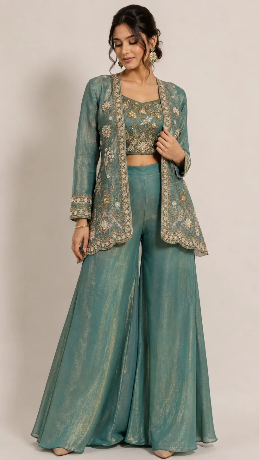 Teal Embroidered Blouse, Palazzo & Long Jacket Co-Ord Set