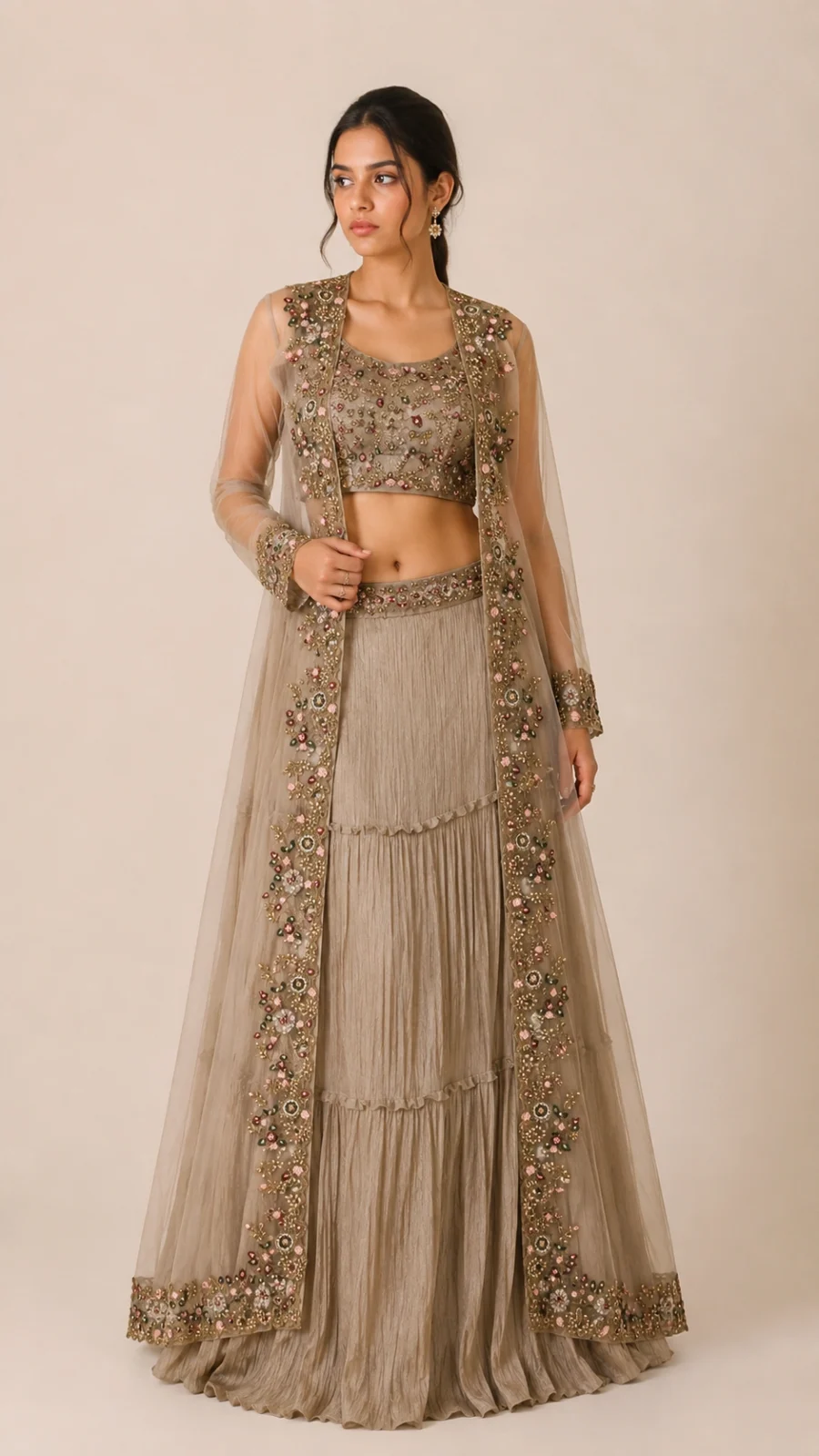 Taupe Embroidered Blouse, Tiered Skirt & Sheer Long Shrug