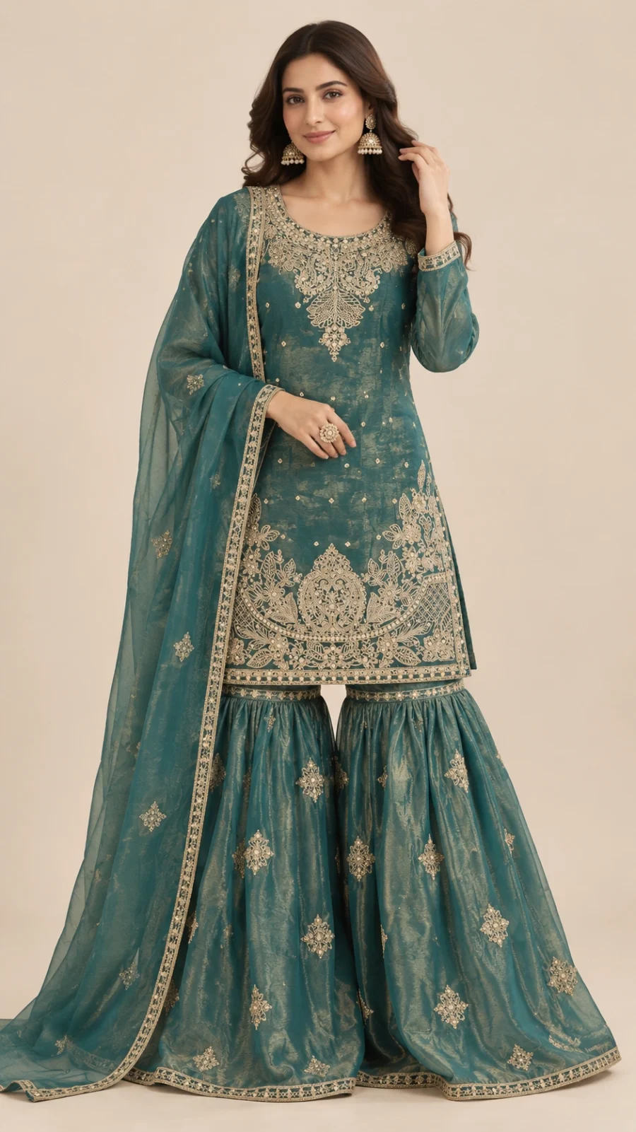 Teal Embroidered Silk Blend Sharara Suit Set with Dupatta