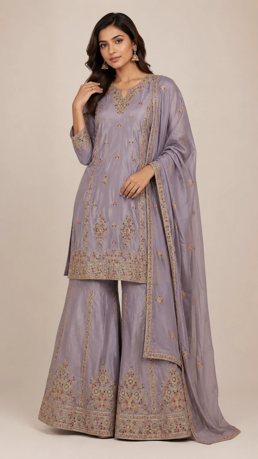 Lavender Embroidered Silk Blend Sharara Suit Set with Dupatta