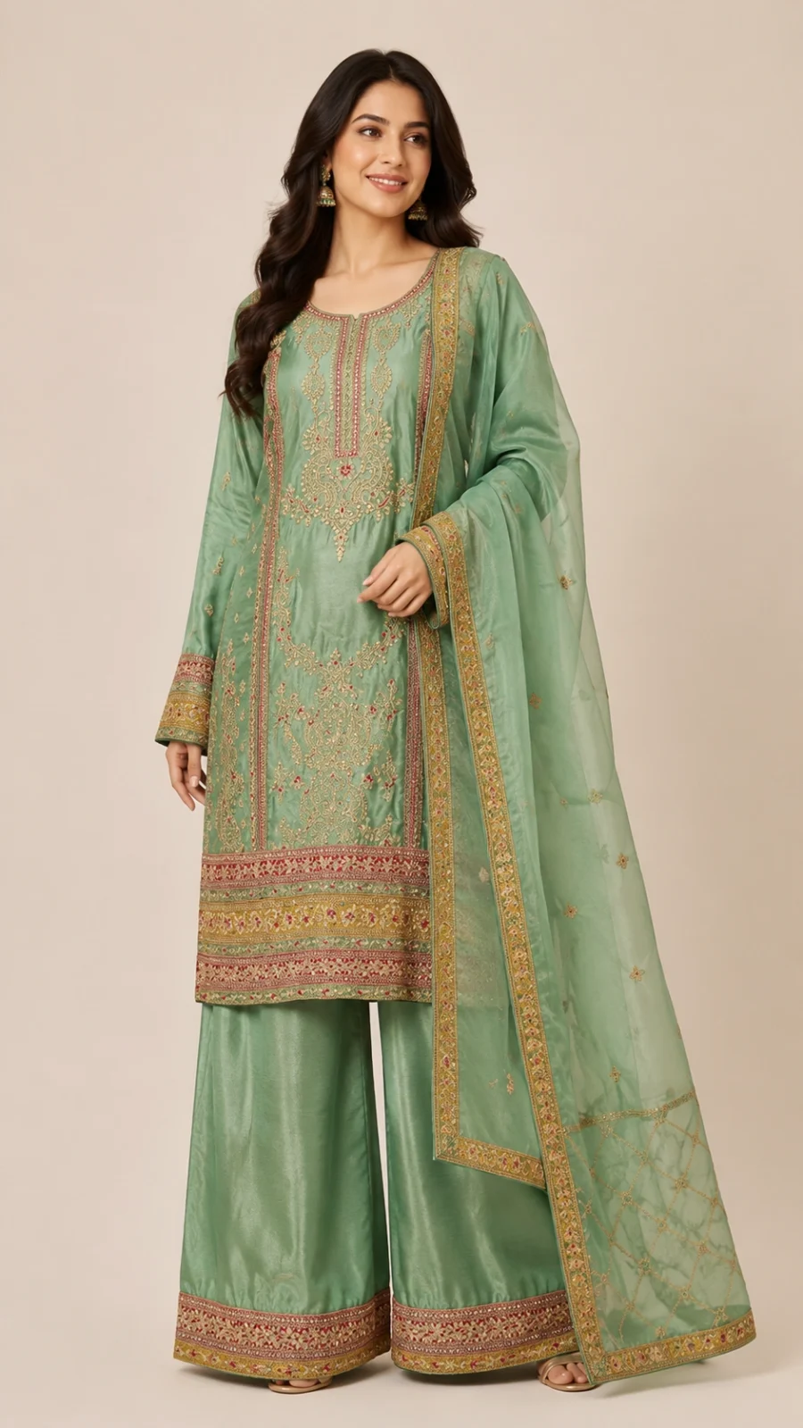 Mint Green Embroidered Silk Blend Straight Kurta Set with Palazzo & Dupatta