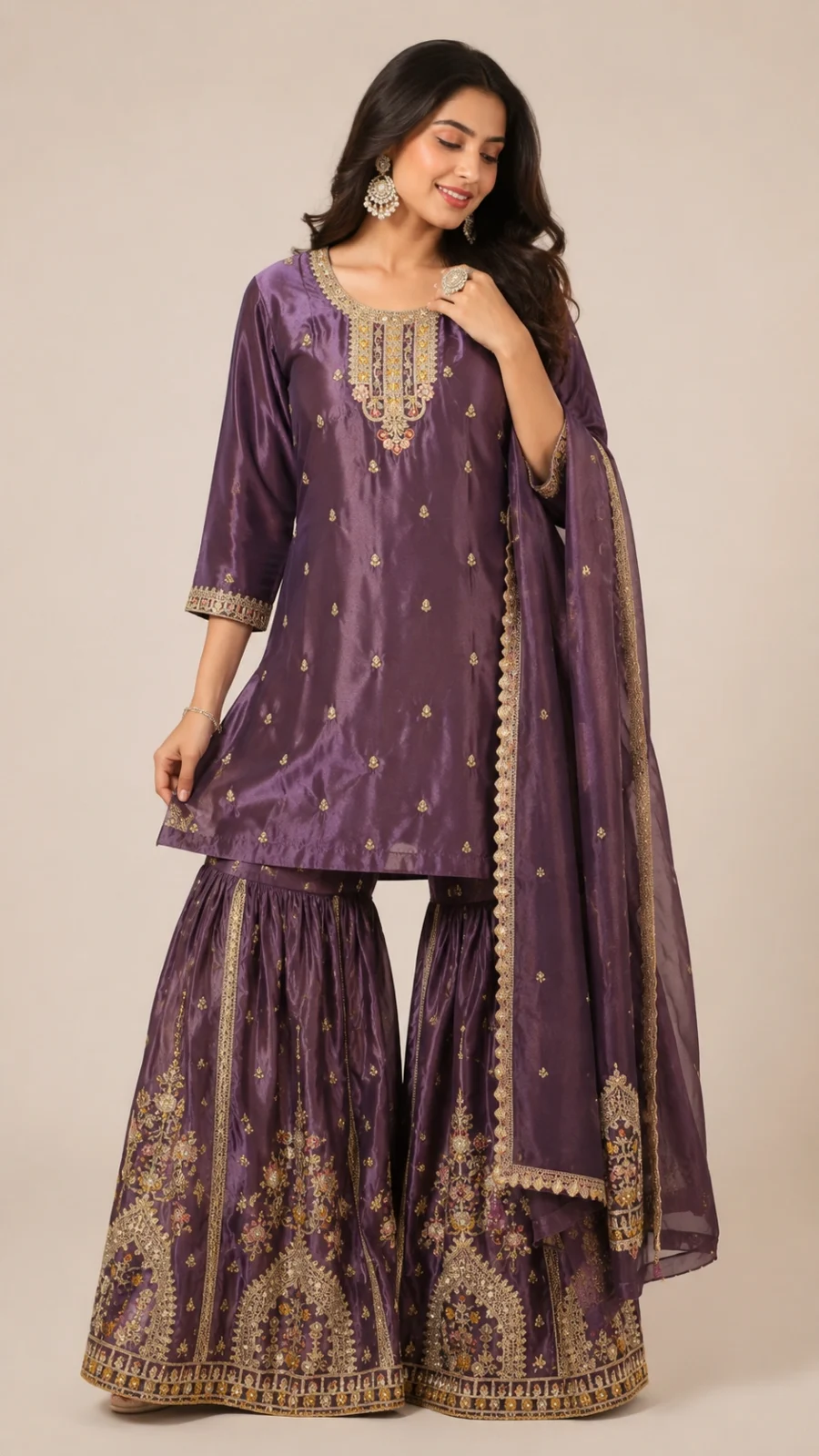 Purple Embroidered Silk Blend Kurta with Sharara & Dupatta Set