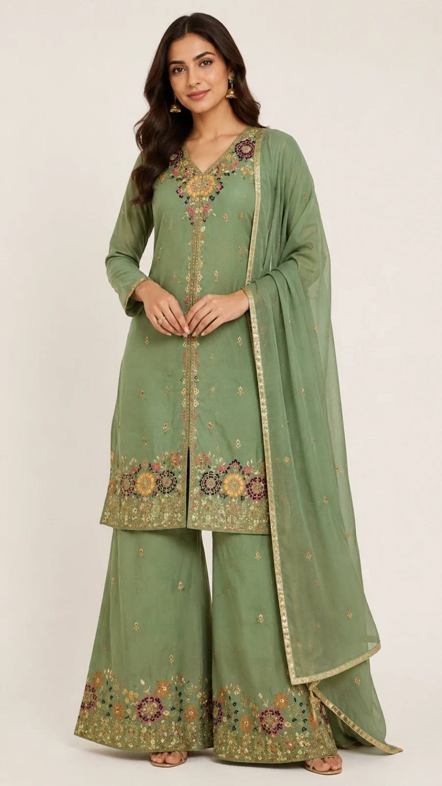 Sage Green Embroidered Kurta Palazzo Suit Set with Dupatta