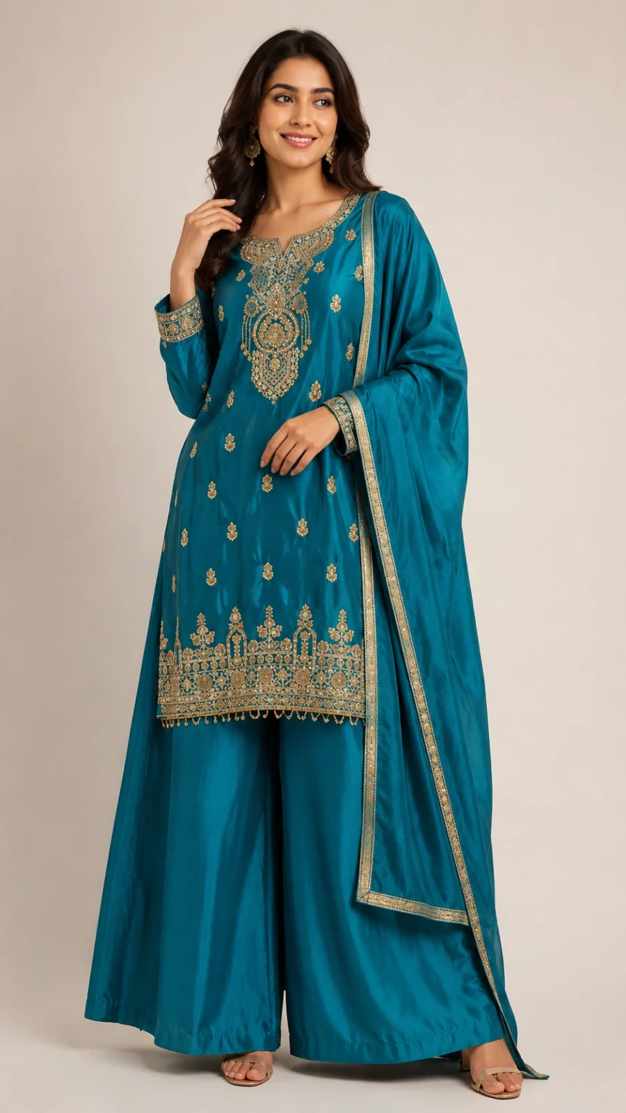 Teal Blue Embroidered Silk Blend Kurta Palazzo Suit Set with Dupatta