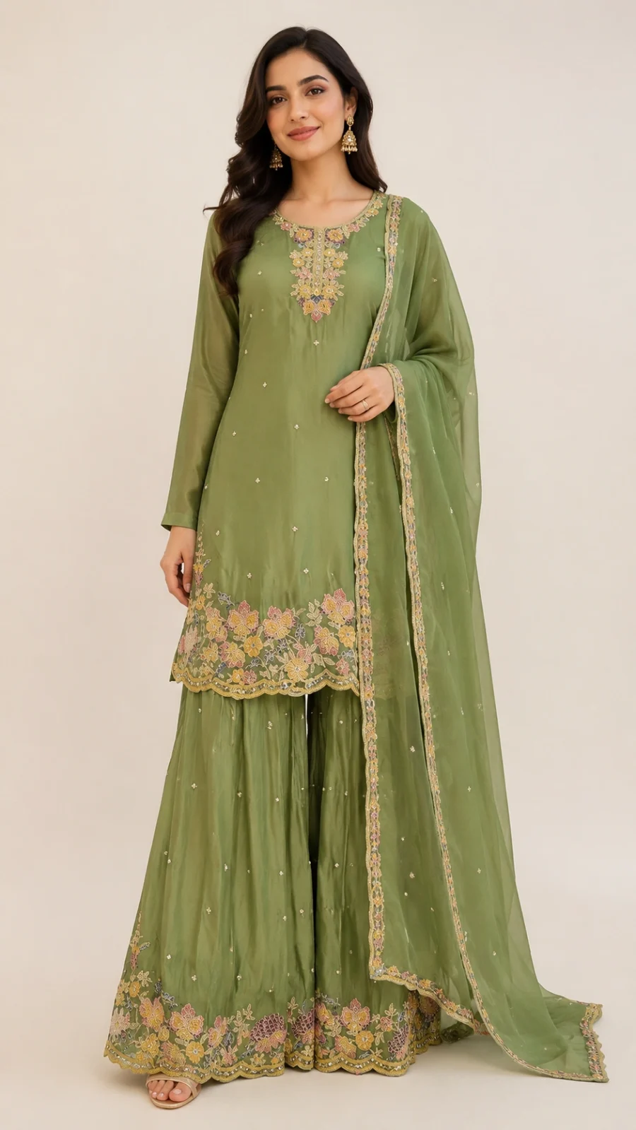 Olive Green Floral Embroidered Kurta with Sharara & Dupatta Set