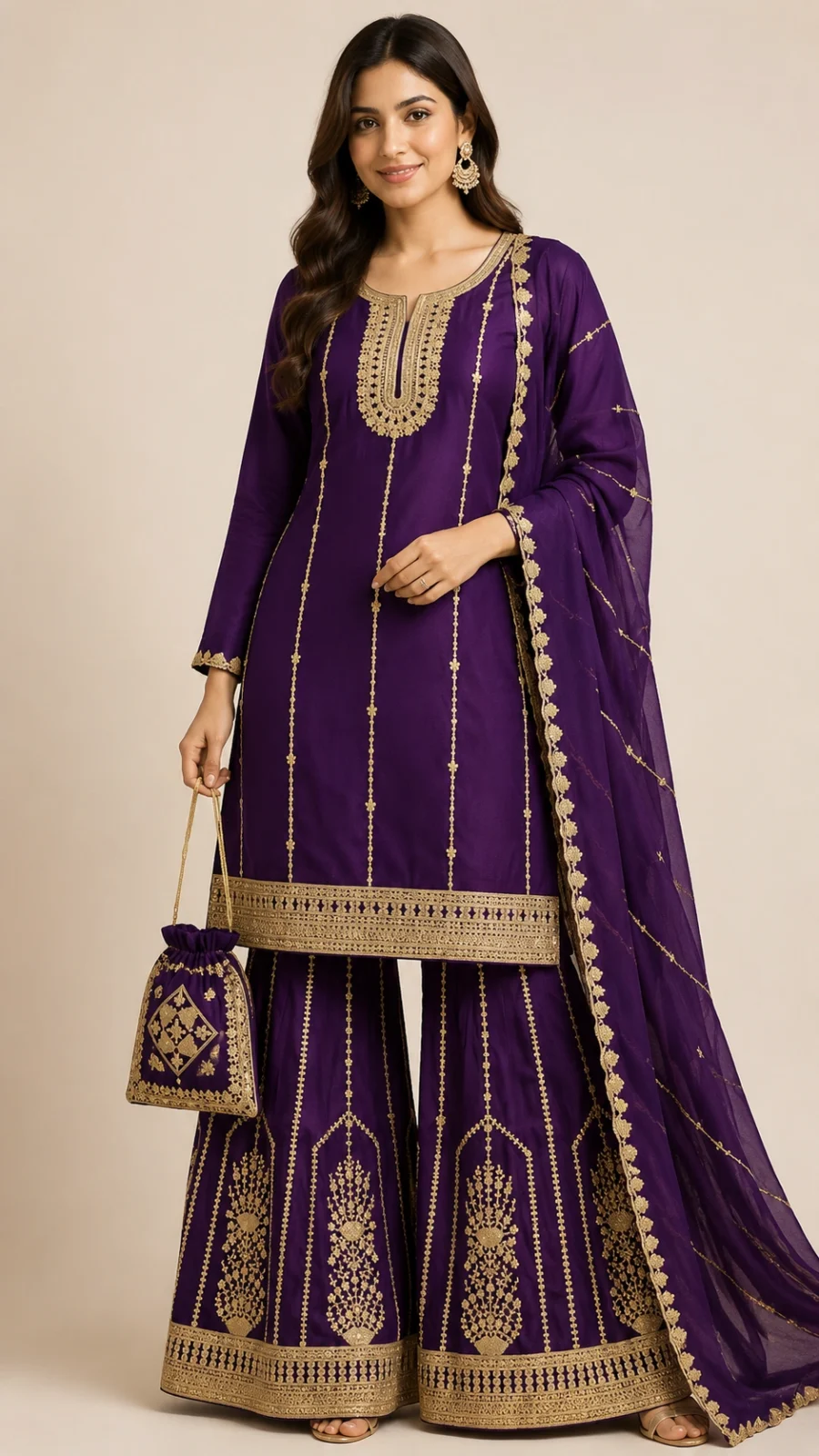 Royal Purple Embroidered Kurta Sharara Set with Dupatta & Potli Bag