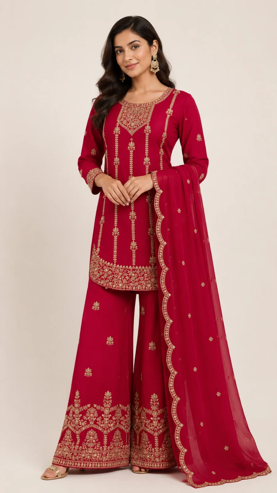 Women's Rani Pink Embroidered Kurta with Palazzo & Dupatta Set