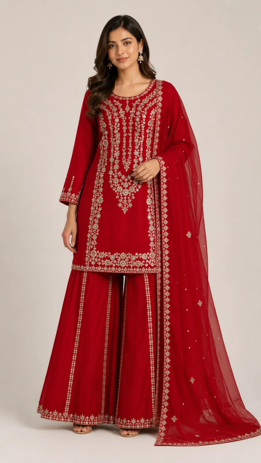 Women's Red Embroidered Kurta Palazzo Set with Dupatta