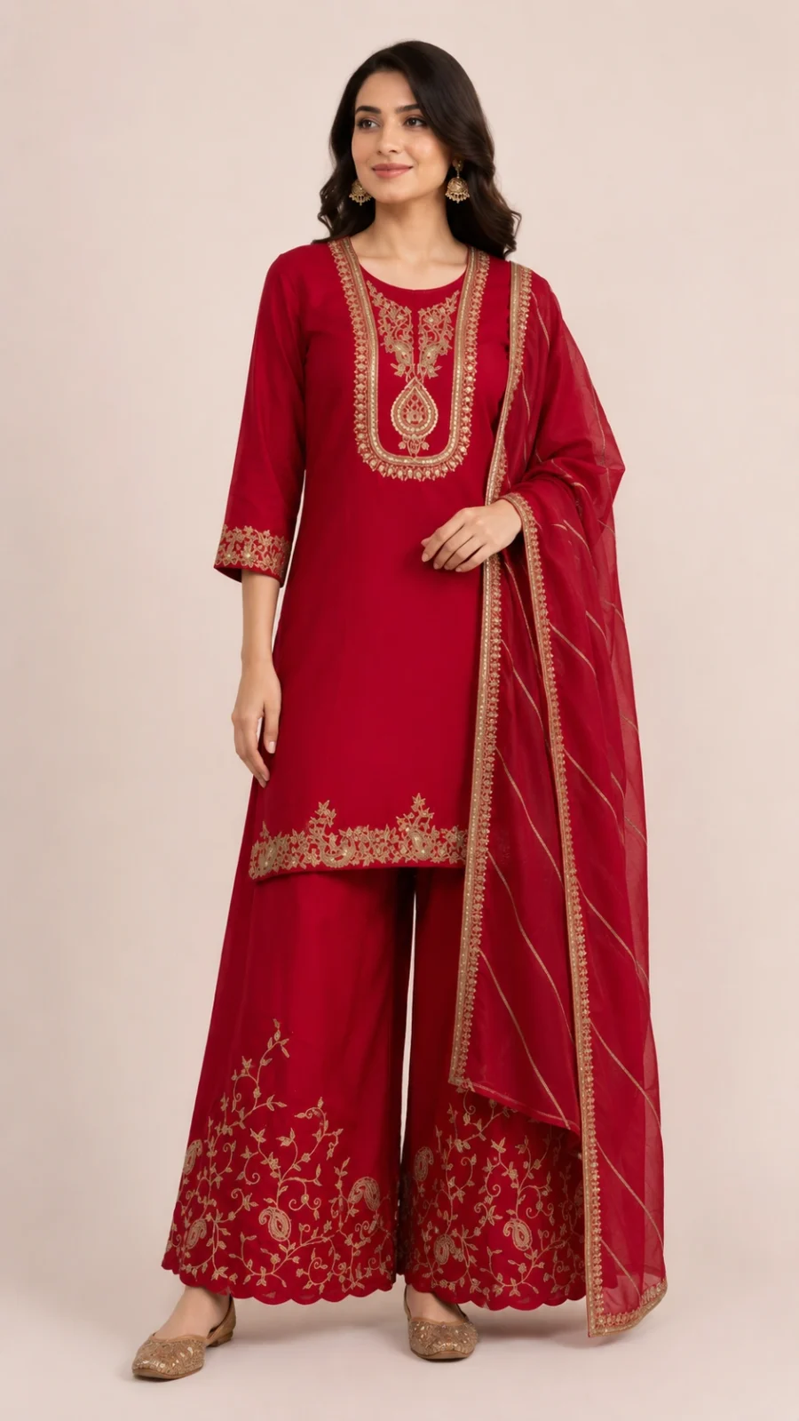 Ruby Red Embroidered Kurta Palazzo Set with Dupatta
