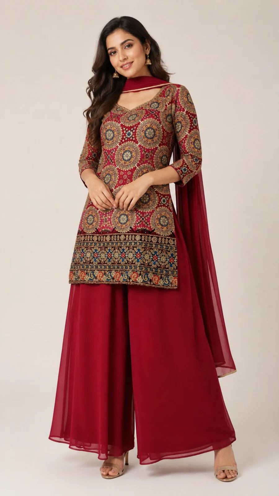 Women's Maroon Printed Embellished Kurta Palazzo Set with Dupatta